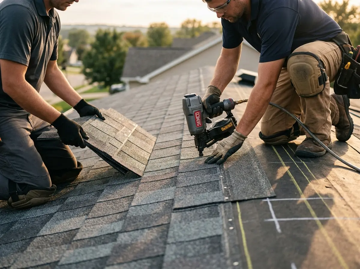 Professional roofer working on a residential roof in Lower Oxford